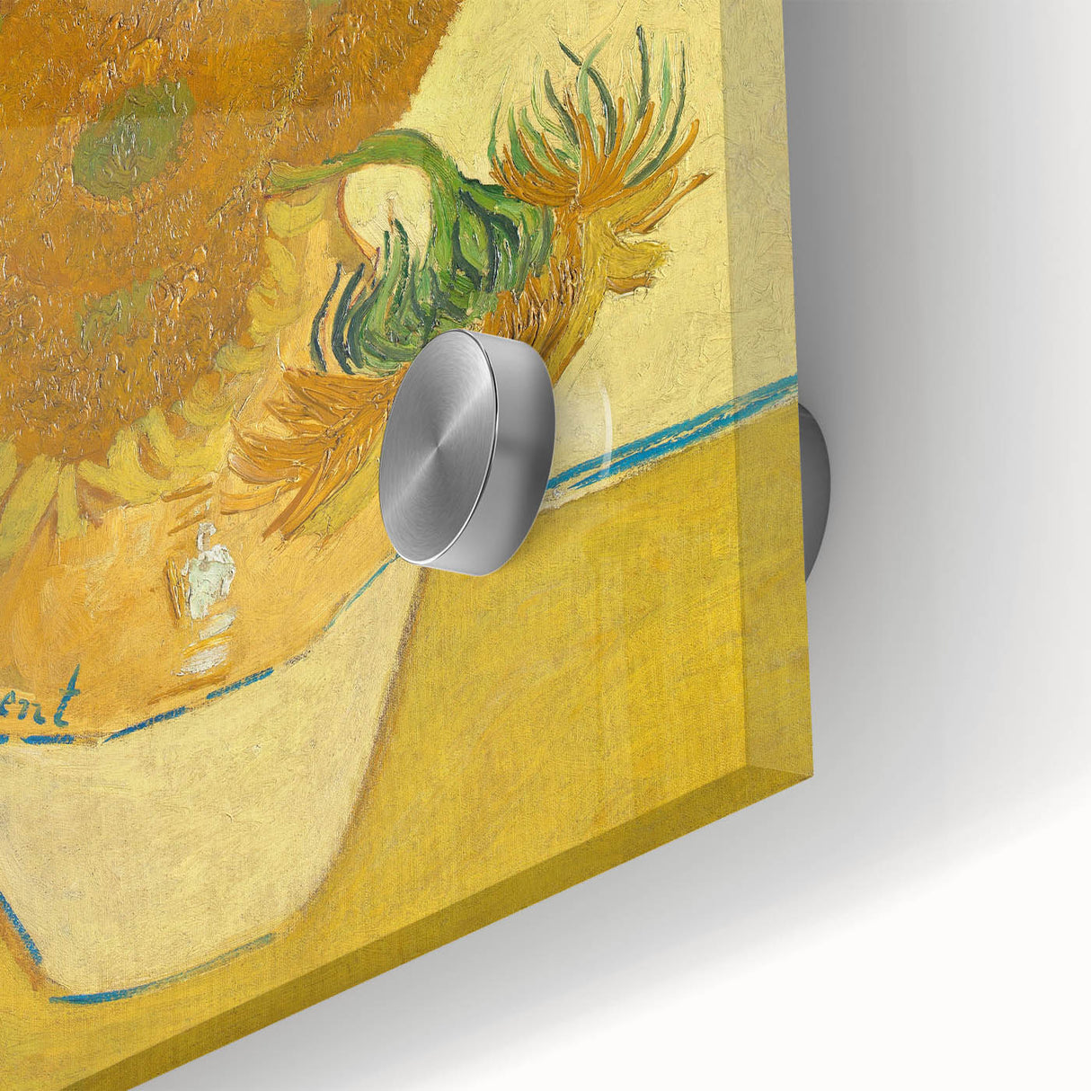 Large abstract wall art print featuring swirling blue and yellow patterns on acrylic glass.