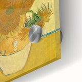 Large abstract wall art print featuring swirling blue and yellow patterns on acrylic glass.