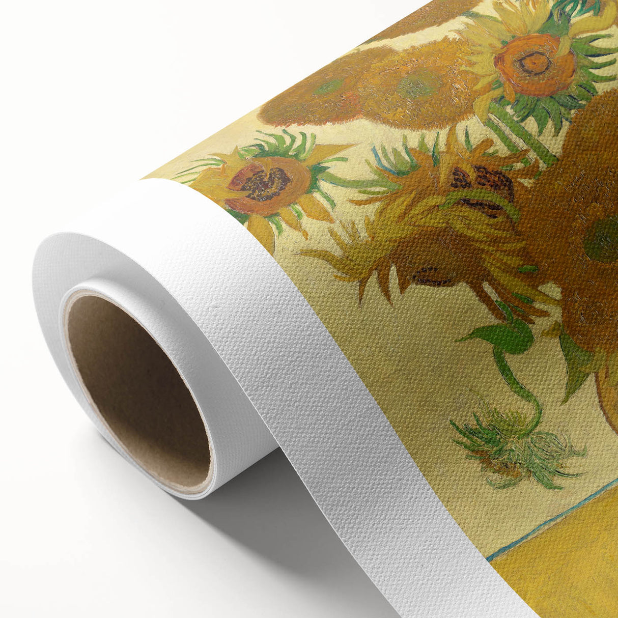 Art Deco style poster of Van Gogh's Starry Night on rolled canvas, featuring vibrant blue and yellow tones.