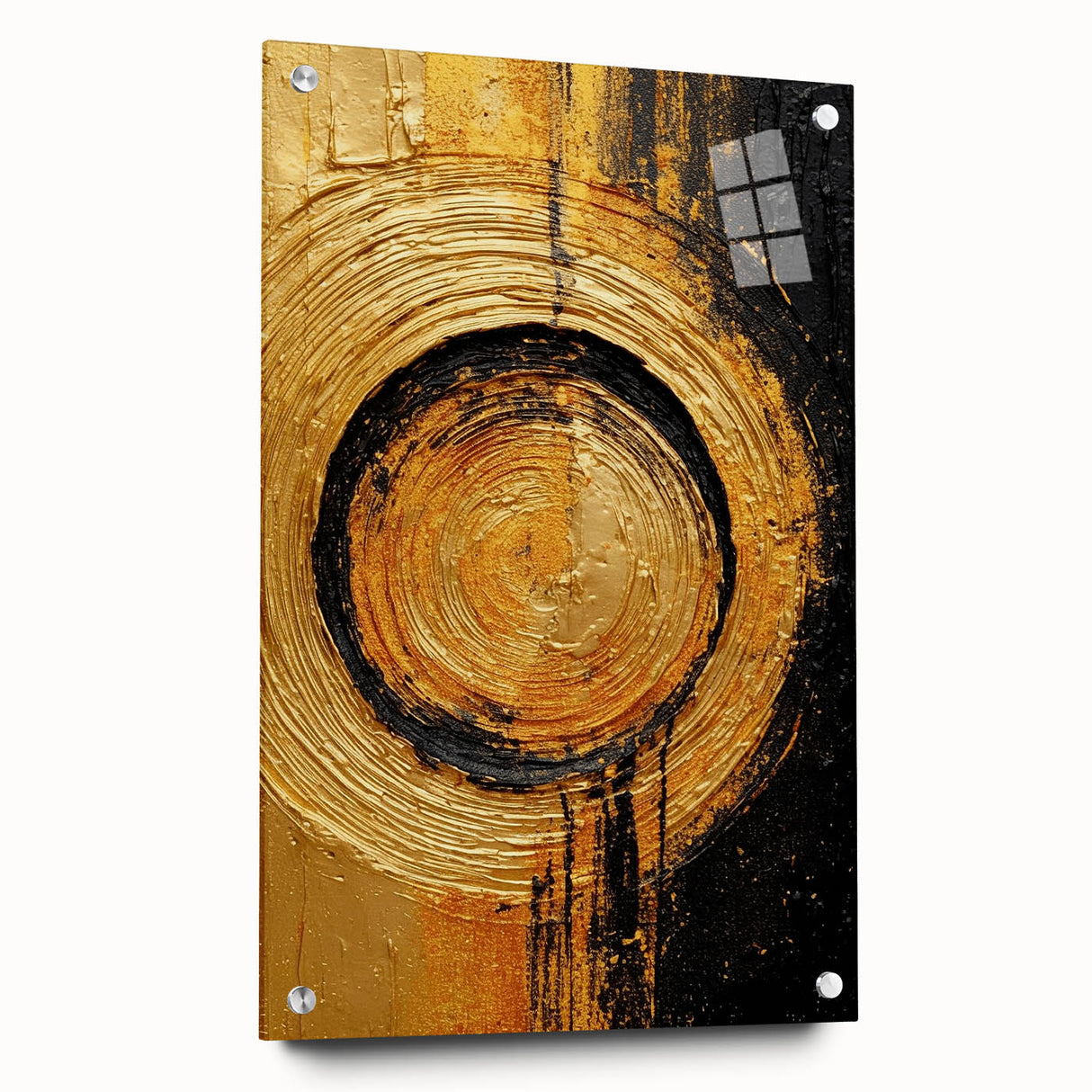Abstract wall art featuring colorful strokes displayed in a side view on acrylic glass, secured with pins. Ideal for modern decor, adding vibrant energy to any space.
