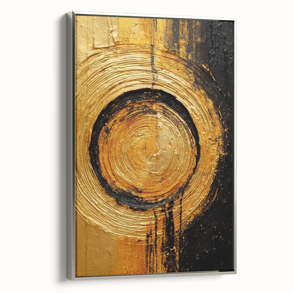 Framed abstract wall art featuring bold strokes in silver and white, showcasing a modern design ideal for contemporary home decor, viewed from the side.