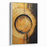 Abstract wall art featuring vibrant strokes in shades of blue, orange, and yellow, framed elegantly for a modern decor aesthetic, showcasing a side view.