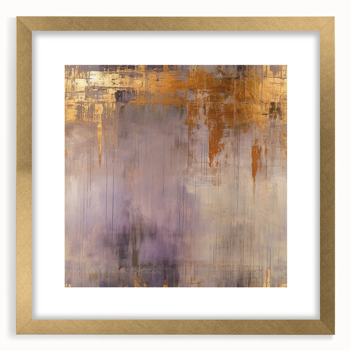 Abstract wall art featuring colorful strokes in a gold frame with a mat, displayed from the front, showcasing a modern and vibrant design perfect for home decor.