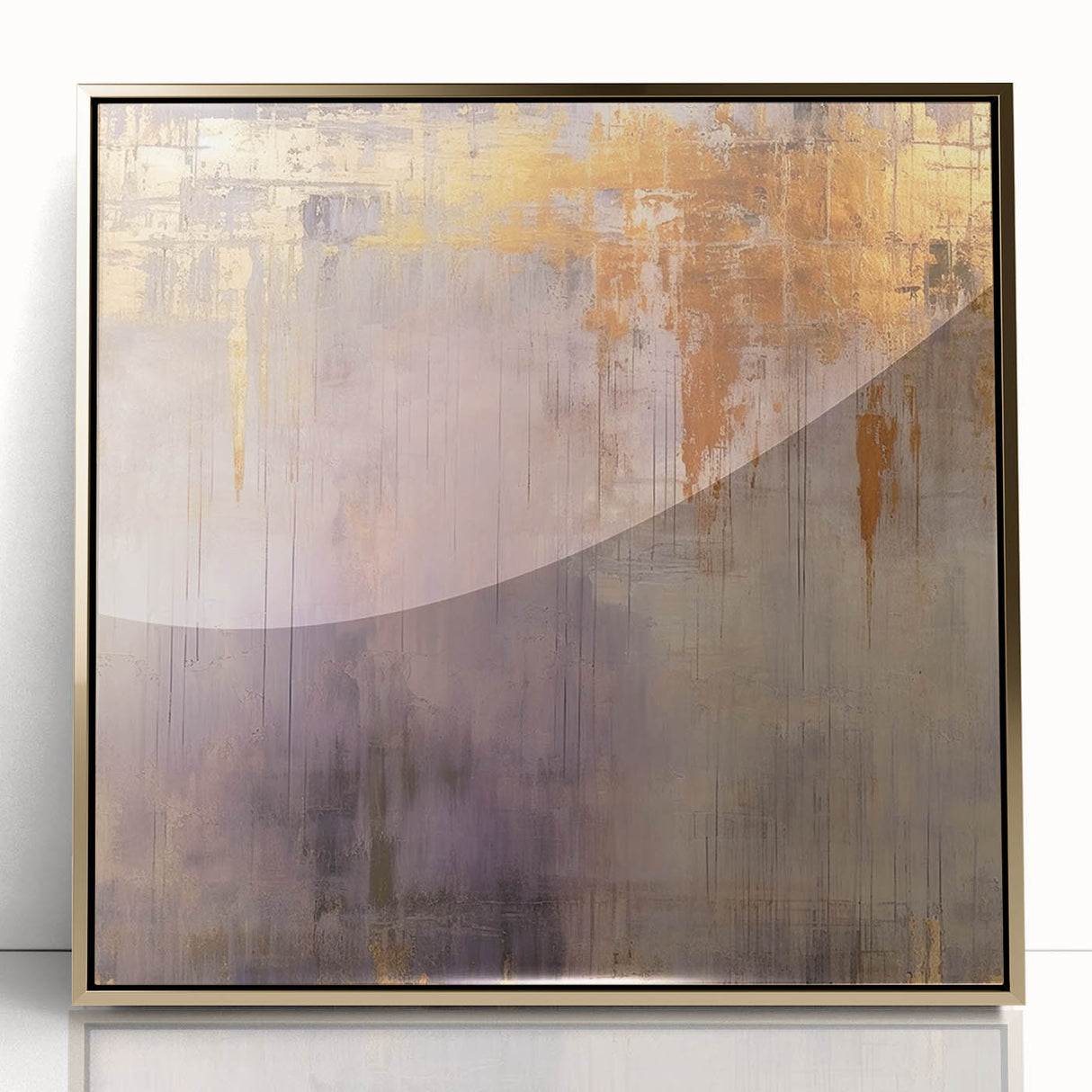 Abstract wall art print showcasing dynamic golden strokes on a textured surface, elegantly framed, perfect for modern decor accents in living spaces or offices.