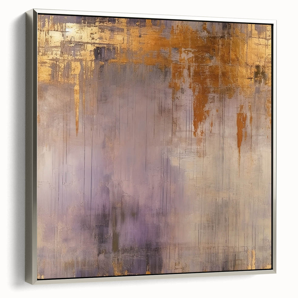 Framed canvas wall art showcasing abstract strokes in silver tones, presented at a side angle, perfect for modern home decor and artistic interiors.