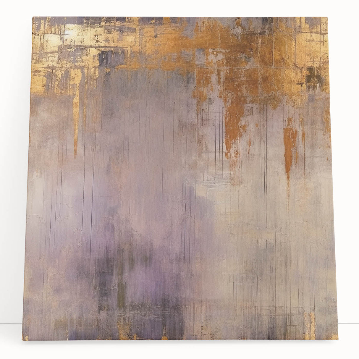 Abstract wall art featuring colorful strokes in vibrant hues of blue, red, and yellow, displayed on a stretched canvas, leaning against a neutral background. Perfect for modern decor.