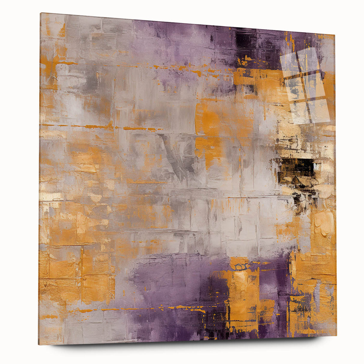Abstract wall art design featuring vibrant strokes in bold colors on acrylic glass, viewed from the side to showcase its sleek edges and modern aesthetic. Perfect for contemporary decor.