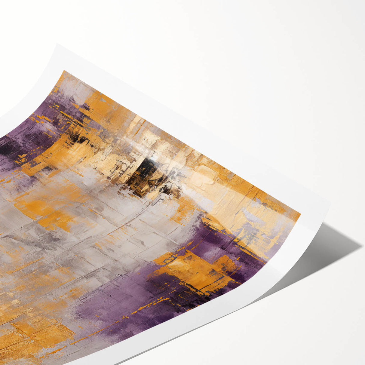 Abstract wall art print featuring vibrant strokes in shades of blue, orange, and yellow, rolled and ready for display, perfect for modern home decor accents.