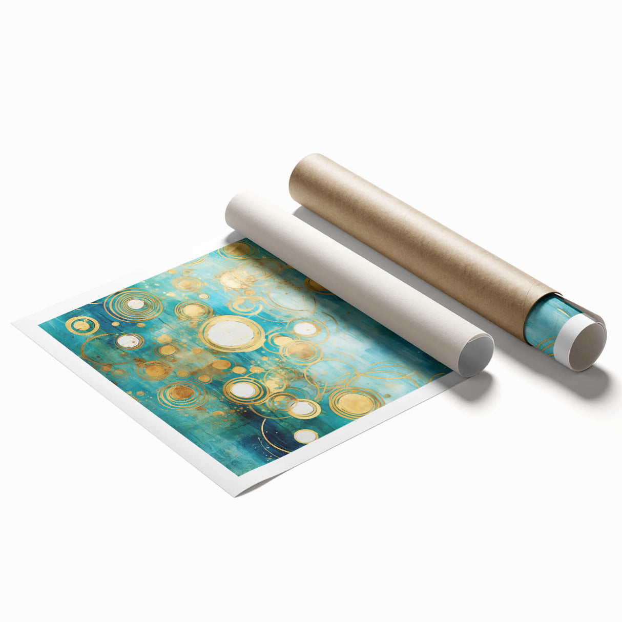 Abstract wall art print featuring vibrant strokes in shades of blue, orange, and yellow, rolled and ready for display, ideal for modern home decor.