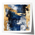 Abstract wall art print featuring vibrant strokes in shades of blue, gold, and pink, set against a glossy finish, perfect for modern home decor.