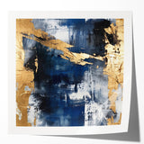 Abstract wall art print featuring vibrant strokes in shades of blue, gold, and pink, set against a glossy finish, perfect for modern home decor.