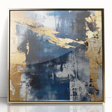 Framed abstract wall art featuring gold-accented strokes on a sleek acrylic surface, ideal for modern home decor, enhancing contemporary interiors with elegance.