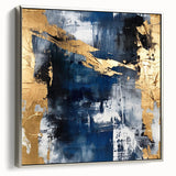 Framed canvas wall art showcasing an abstract design of silver and gray strokes, perfect for modern decor. Side view highlights its sleek frame and artistic appeal.