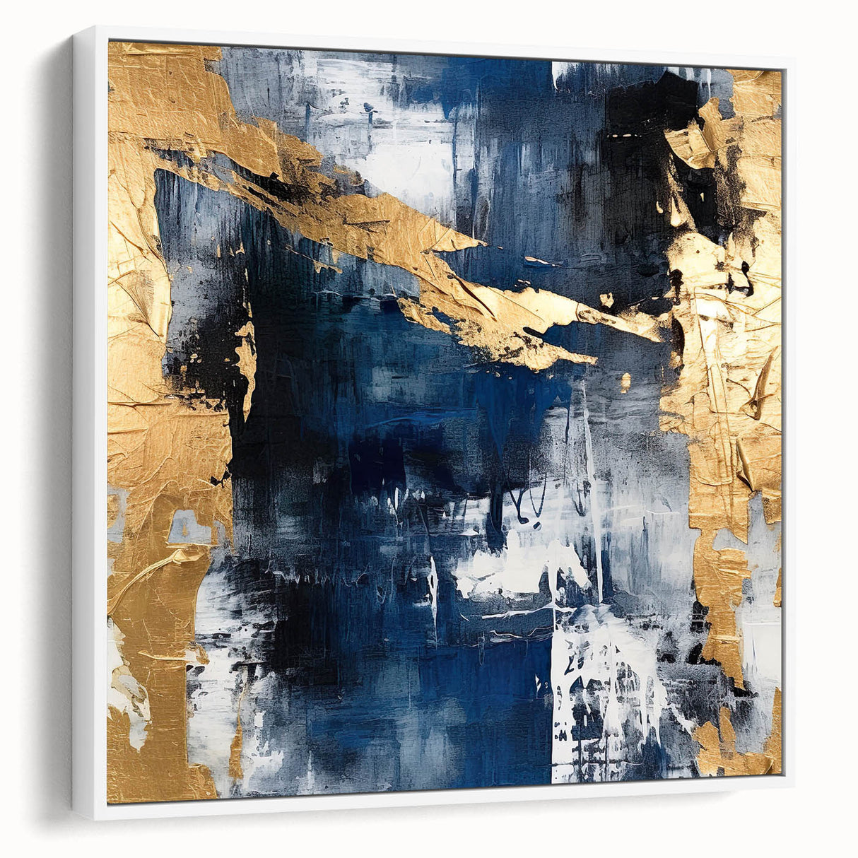 Framed canvas wall art showcasing an abstract design with vibrant strokes in hues of blue, pink, and yellow, displayed from a white side view, perfect for modern decor.