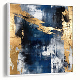 Framed canvas wall art showcasing an abstract design with vibrant strokes in hues of blue, pink, and yellow, displayed from a white side view, perfect for modern decor.