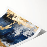 Abstract wall art print showcasing vibrant strokes in shades of blue, orange, and yellow, designed for modern decor. Ideal for enhancing living spaces or offices.