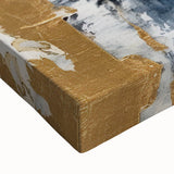 Close-up of a stretched canvas featuring vibrant abstract strokes in shades of blue, yellow, and red, perfect for modern home decor and artistic interiors.