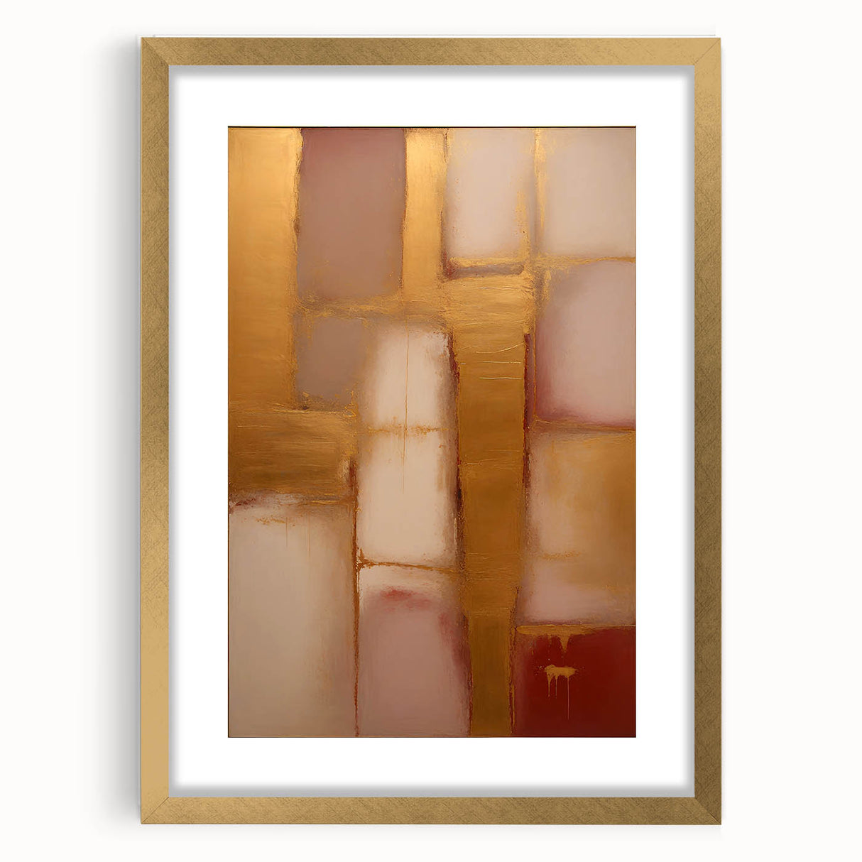 Abstract wall art featuring bold, colorful strokes in a gold frame with a mat, ideal for modern decor. Perfect for adding a touch of elegance to any room.