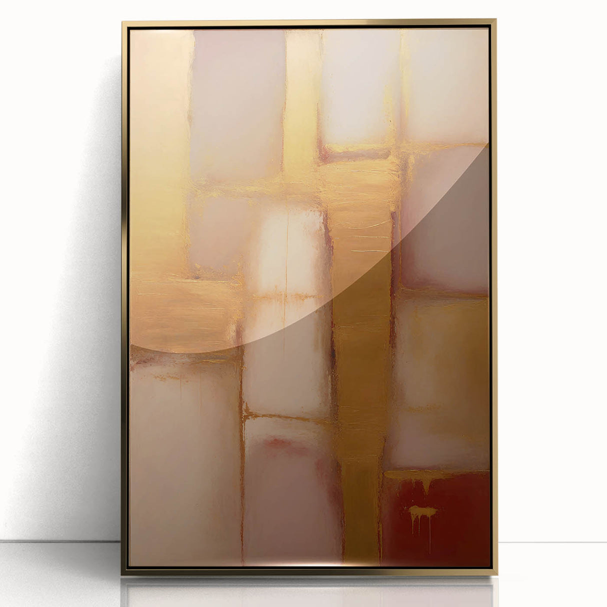 Framed wall art featuring abstract strokes in gold and black, showcasing a modern design perfect for contemporary decor. Ideal for living rooms or offices.