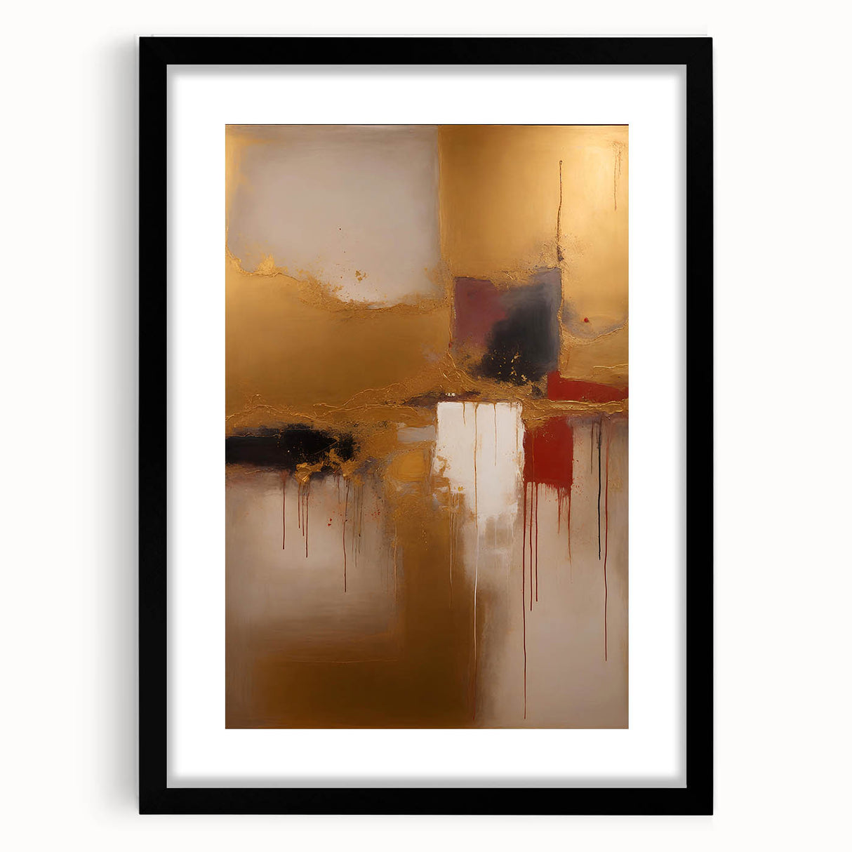 Abstract wall art featuring bold, colorful strokes in a black frame with a mat, showcasing a modern design ideal for contemporary home decor.