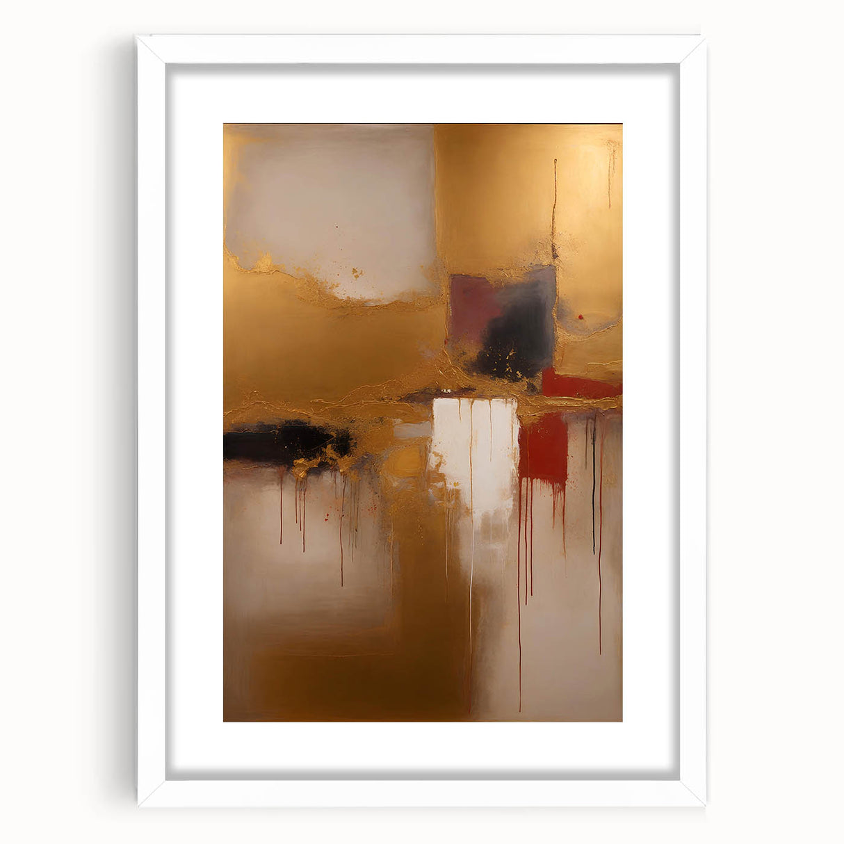 Abstract strokes wall art framed in white with a mat, showcasing vibrant colors and fluid shapes, perfect for modern home decor or office spaces.