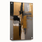 Abstract strokes wall art featuring vibrant colors of blue, yellow, and red on acrylic glass, showcasing a modern design with pins for easy hanging.