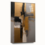 Abstract wall art design showcasing vibrant, swirling strokes in hues of blue, gold, and red, displayed in a sleek acrylic frame for a modern aesthetic.