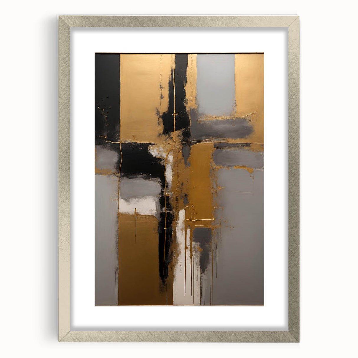 Abstract strokes wall art framed in silver, showcasing a modern design with soft hues of blue, gray, and white, perfect for contemporary home decor.