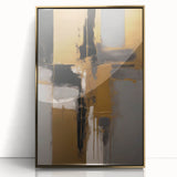 Framed abstract wall art featuring vibrant gold strokes on a white background, perfect for modern home decor. The design adds elegance and sophistication to any room.