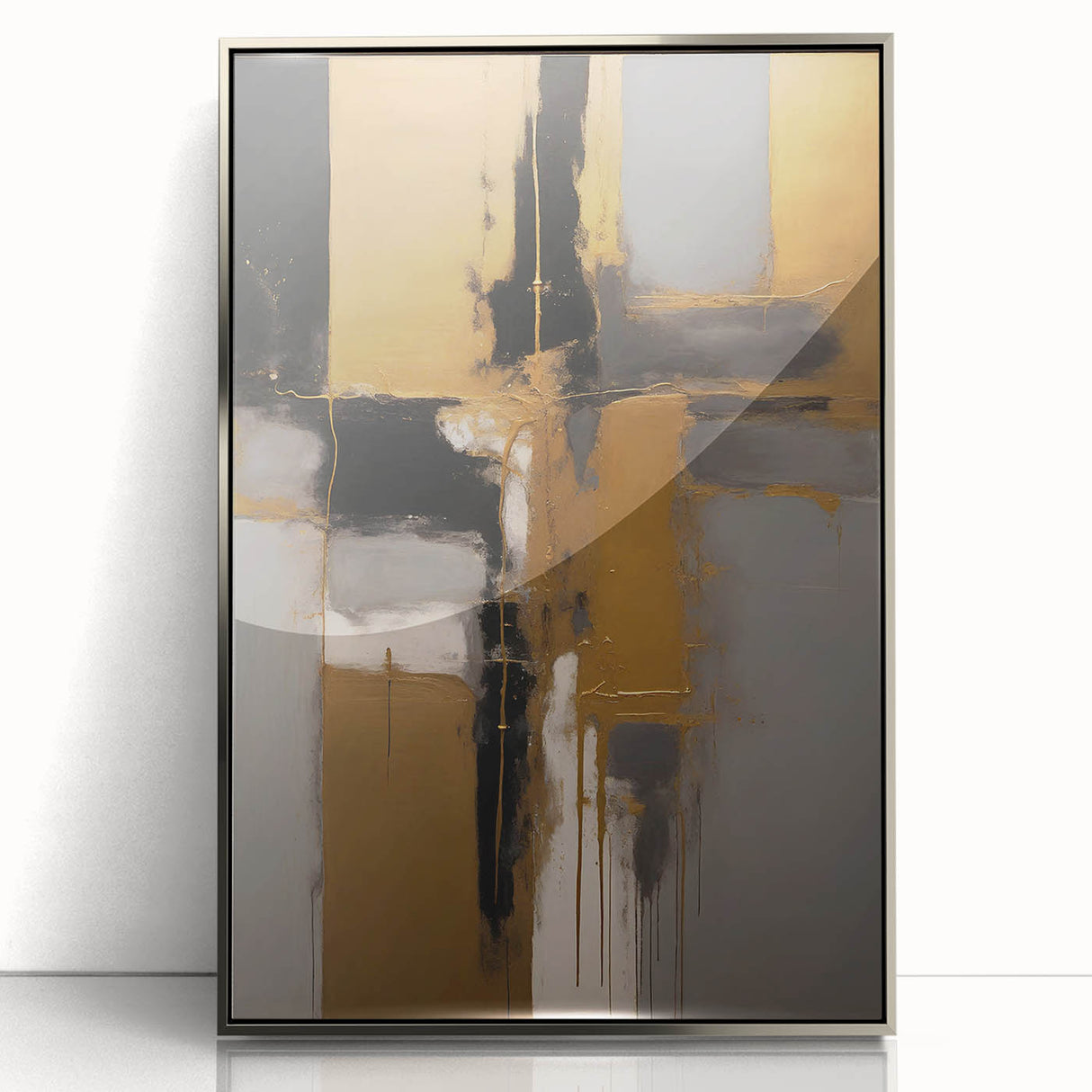 Framed abstract strokes wall art in silver acrylic, showcasing dynamic brush patterns. Perfect for modern decor, adding elegance to any living space.