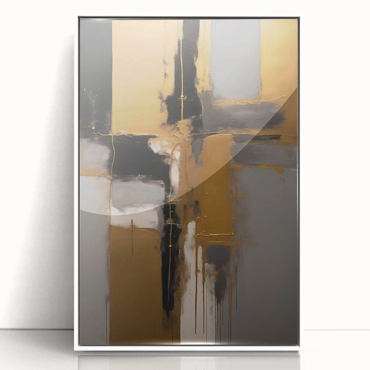 Framed abstract wall art featuring bold strokes in shades of blue and gold, set against a sleek white background, perfect for modern home decor.