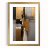 Abstract wall art featuring vibrant strokes in gold, blue, and black, elegantly framed with a mat, showcasing modern decor ideal for contemporary interiors.