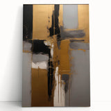 Abstract strokes wall art on stretched canvas showcasing vibrant colors of blue, orange, and gold, leaning against a white wall, perfect for modern decor.
