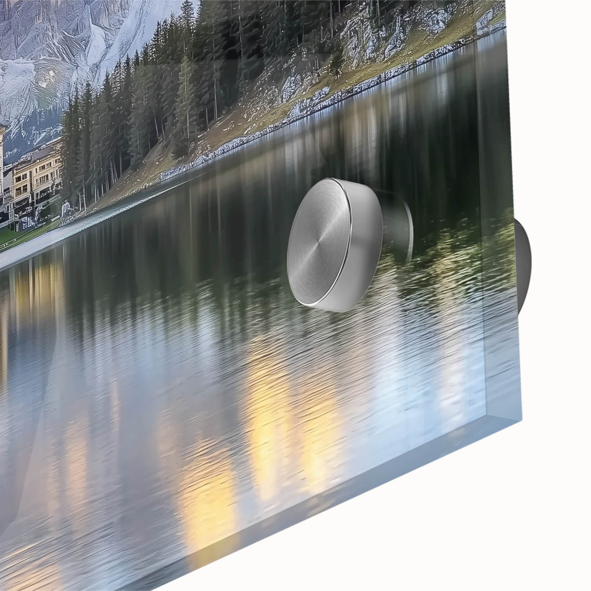 Close-up image of an acrylic glass artwork depicting a vibrant landscape with a castle, showcasing intricate details and vivid colors, perfect for home decor.