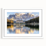 Framed landscape artwork depicting a serene castle scene, elegantly matted in white, showcasing intricate details and vibrant colors, perfect for home decor.