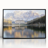 Framed acrylic artwork showcasing a picturesque landscape with a majestic castle, featuring a sleek black frame and vibrant colors, ideal for home decor enhancement.