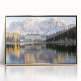 Framed acrylic artwork depicting a stunning landscape with a majestic castle, set against a vibrant blue sky, featuring ornate gold accents for added elegance.