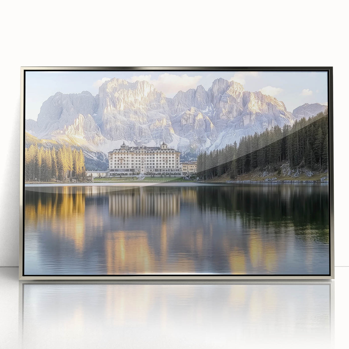 Framed acrylic artwork showcasing a picturesque landscape with a majestic castle, set in a silver frame, perfect for home decor. The vibrant colors and intricate details enhance any room's ambiance.