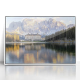 Framed acrylic artwork depicting a picturesque landscape with a historic castle, featuring a white frame, ideal for enhancing home decor and adding a touch of elegance.