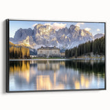 Framed canvas artwork depicting a stunning landscape with a castle, presented in black frame. The piece showcases vibrant colors and intricate details, perfect for enhancing home decor.