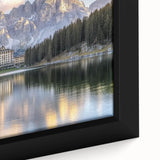 Close-up view of a framed canvas artwork depicting a vibrant landscape with a majestic castle, featuring rich colors and intricate details, perfect for home decor.