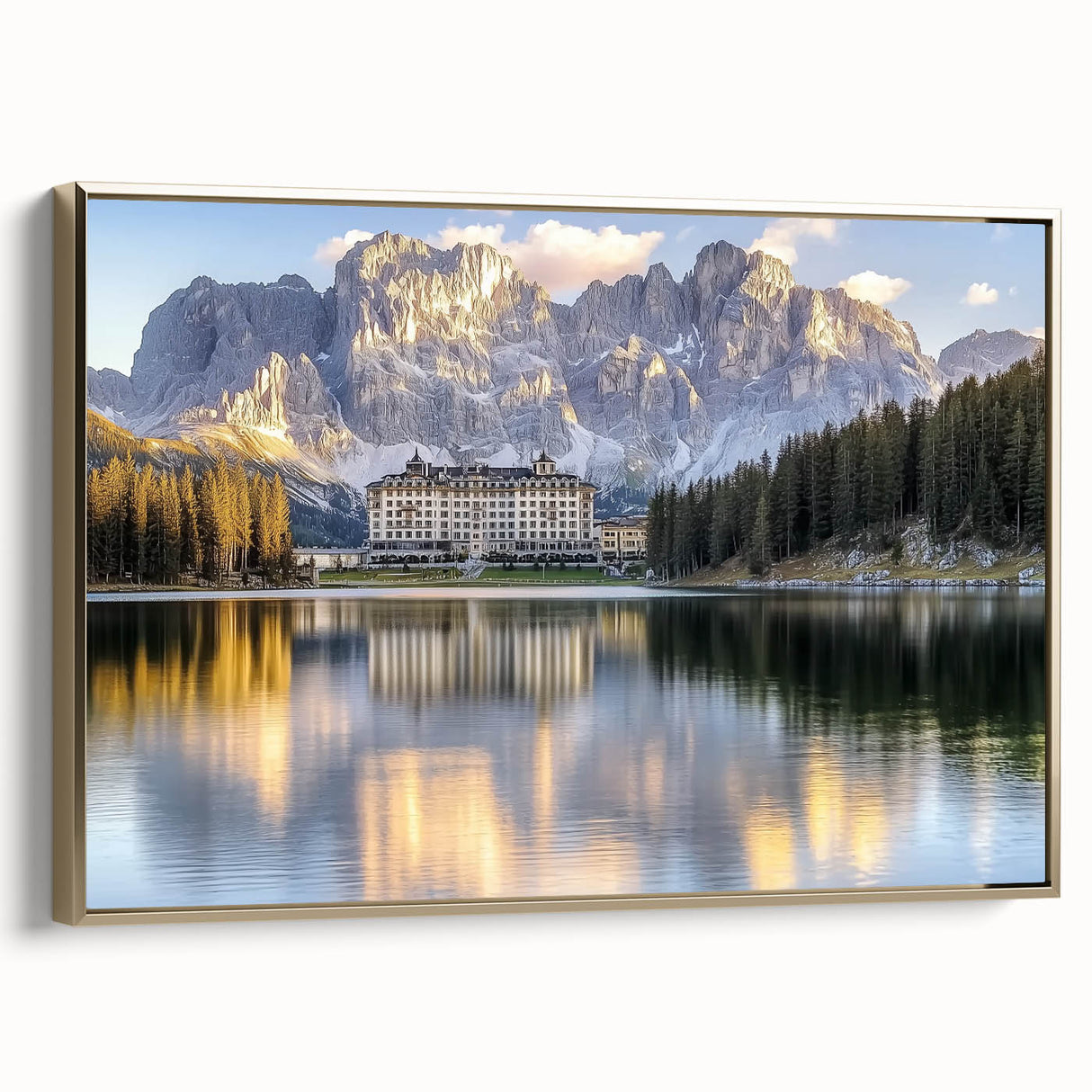 Framed canvas artwork depicting a scenic landscape with a castle, featuring a golden frame and side view, ideal for home decor or wall art.