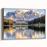 Framed canvas artwork depicting a scenic landscape with a castle, featuring a golden frame and side view, ideal for home decor or wall art.