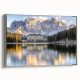 Framed canvas artwork depicting a scenic landscape with a majestic castle, showcasing a silver frame that enhances its elegance, perfect for home decor.
