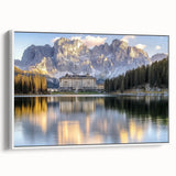Framed canvas artwork showcasing a picturesque landscape with a castle, featuring a white frame and side view display, ideal for home decor and art enthusiasts.