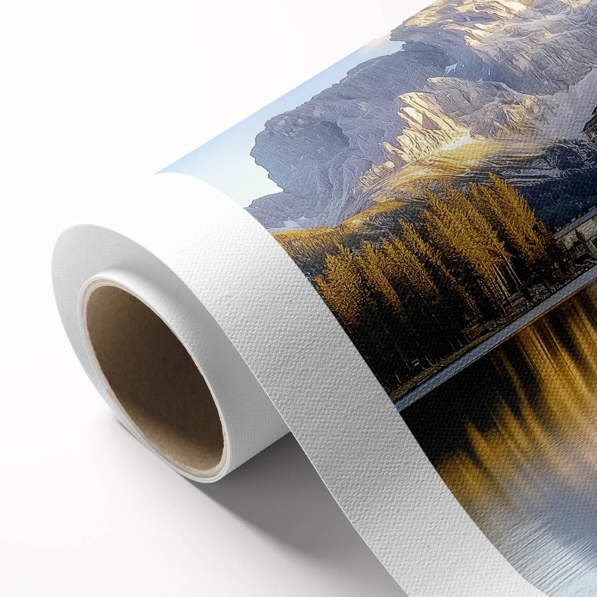 Vibrant rolled canvas depicting a stunning landscape featuring a medieval castle surrounded by lush greenery and a clear blue sky, perfect for home decor.