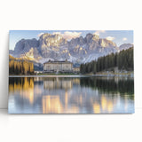 Stretched canvas artwork depicting a scenic landscape with a majestic castle, rich colors of green and blue, perfect for home decor or art enthusiasts.