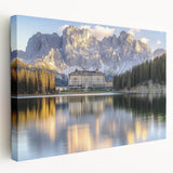 Stretched canvas artwork showcasing a scenic landscape with a majestic castle, featuring vibrant colors and intricate details, perfect for home decor.