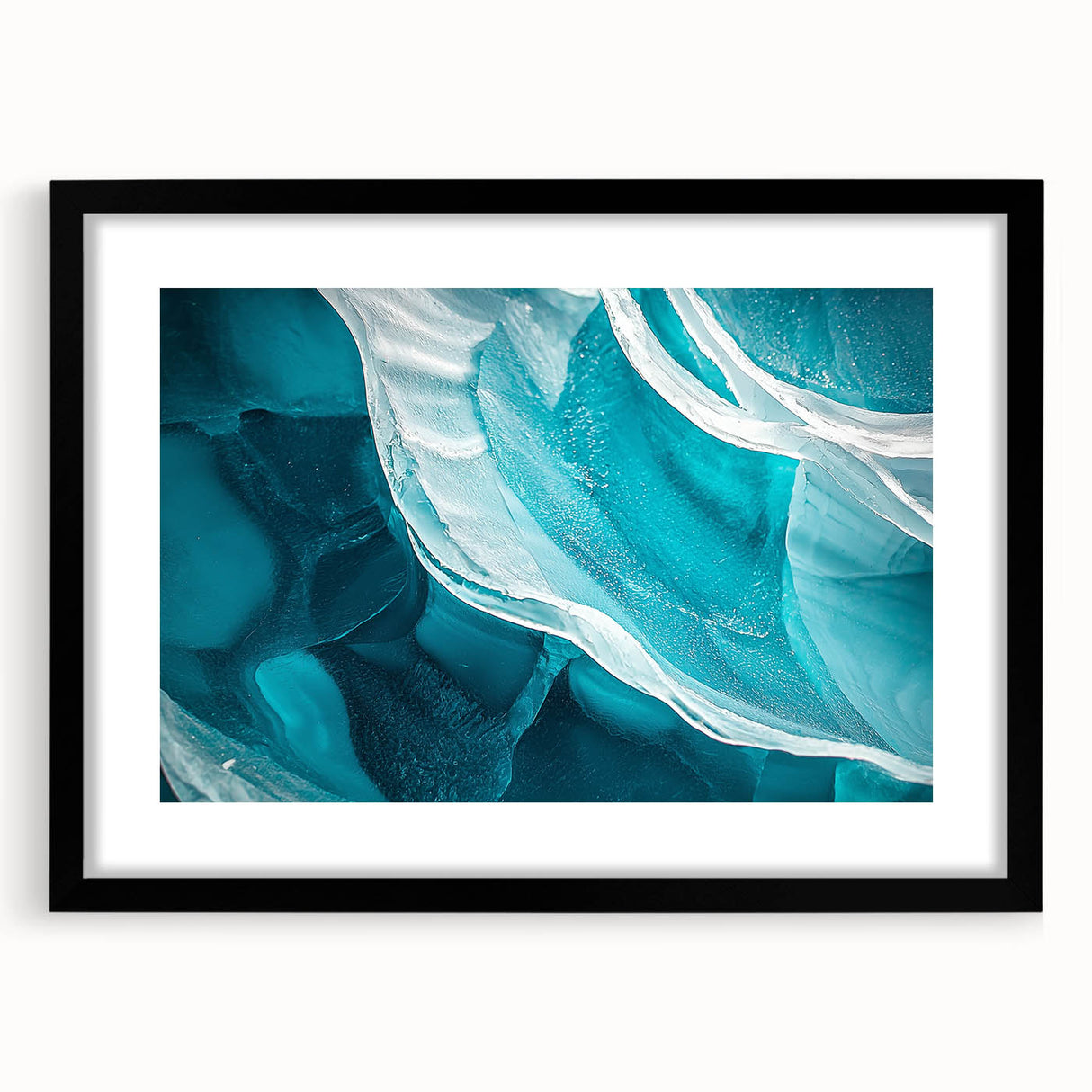 Framed landscape artwork featuring a serene cave scene with a black mat and sleek frame, perfect for modern home decor. Adds depth and tranquility to any space.