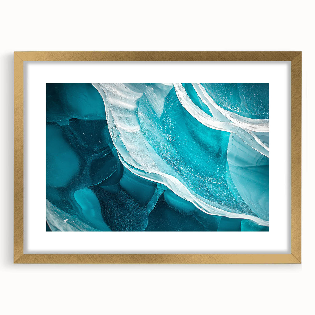 Gold-framed landscape artwork featuring a cave scene, elegantly matted for a sophisticated display. Ideal for enhancing home decor with nature-inspired aesthetics.
